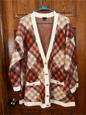 Talbots Womens 2X V-Neck Cardigan Fall Statement Plaid Long Gold Buttons chunky